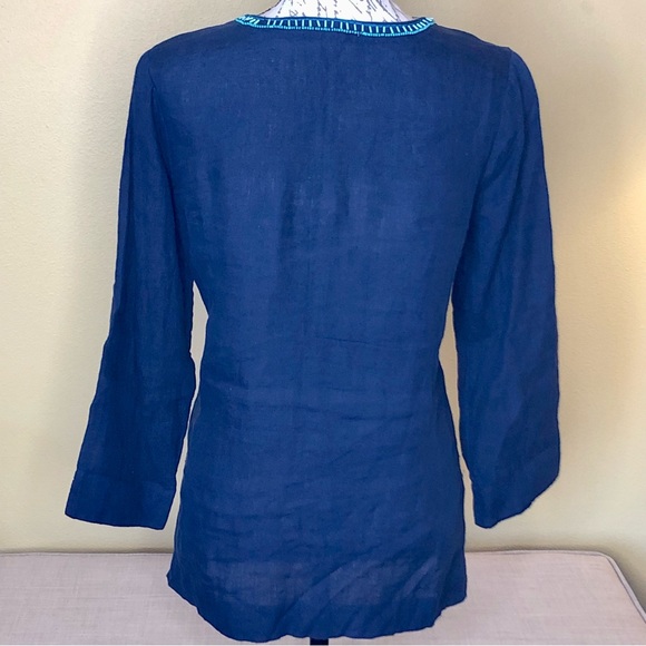 LILLY PULITZER Navy Resort Wear Linen Tunic Top Shirt Blue Beaded Turquoise Sm - Picture 2 of 7